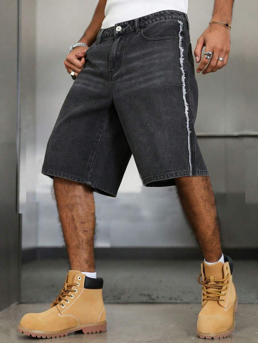 Men's Street Style Frayed Patchwork Denim Jeans - Grey - View 1