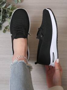 Van Skr Versatile Breathable Knit Sports Shoes For Women, Soft Sole Non-Slip Lightweight Casual Shoes, Fashionable Slip-On Comfortable Loafers - Black - View 5