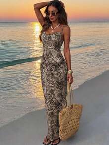 Ms. VIVINA's Summer Simple And Stylish Leopard Print Shoulder Straps Long Dress, Transparent Attire, Beach And Sand Dune Vacation Dress, Women's Summer Dress, Women's Beach Dress, Elegant Long Dress, Women's Beach Vacation Outfit, Leopard Print Dress. - Mocha Brown - View 4