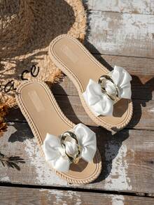 1 Pair Women's Plus Size Wide-Fit Slippers, Decorated With Bow Tie And Metal Buckle, Sweet And Exquisite Style, Suitable For Summer Occasions, Can Be Paired With Dresses, Shorts, Ideal For Casual, Vacation And Other Relaxed Scenarios. - White - View 4
