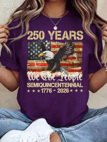 Women Loose 100% Cotton Graphic Tee, 250th American Independence Patriotic Print Top, Machine Washable Casual Outfit For 4th Of July Party Events - 紫色 - 查看 9