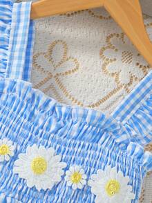 女童无袖雏菊格子印花连衣裙，配手提包，休闲日常穿搭，夏季 - 淺藍色 - 查看 7