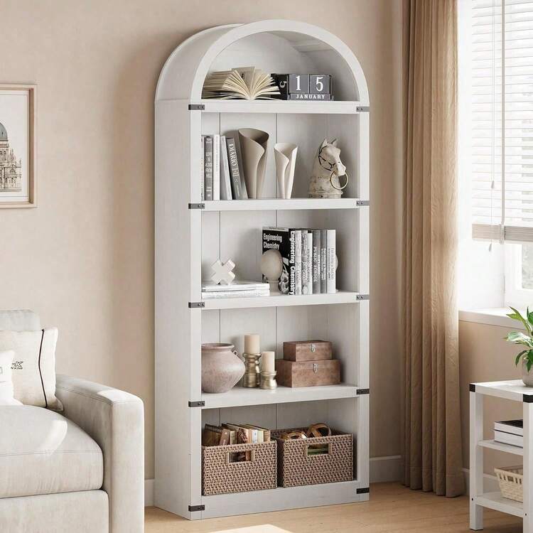 Estantería Organizadora arqueada de 5 estantes de 72 Pulgadas de Alto, estantería de Madera para hogar, Oficina, Sala de Estar (Blanco) - Blanco - Añade 6