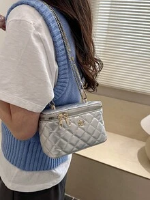 1pc New Minimalist Casual Versatile Embroidered Box Bag, Lunch Box Crossbody Bag, Popular Small Shoulder Bag For Holiday Season - Silver - View 4