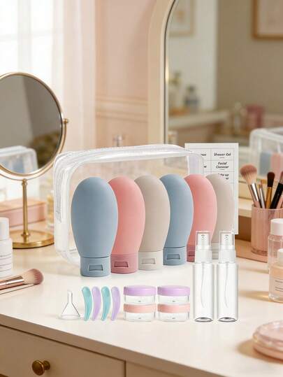 19pcs Travel Bottle Set, TSA Approved Leak-Proof Toiletry Bag, Refillable Containers For Shampoo, Conditioner, Lotion, Portable Makeup Jars, Suitable For Vacation, Gym, Camping, Business Trip, Unisex