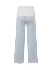 女士夏季条纹直筒裤，配有可折叠白色腰带，适合上学、通勤和休闲穿着。 - 淺藍色 - 查看 4