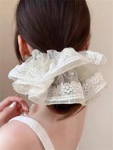 1 chiếc dây buộc tóc cỡ lớn thời trang xuân/hè, chất liệu lưới ren thêu ngọc trai giả, phụ kiện tóc thích hợp cho váy, trang phục hàng ngày, phong cách bohemian thanh lịch, kỳ nghỉ, du lịch. - Màu be - Xem 3