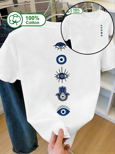Camiseta de mujer de uso casual diario, 100% algodón de manga corta, con estampado doble del ojo malvado y la mano de Fátima, adecuada para uso al aire libre, ropa de verano, camiseta con estampado gráfico, camisa de manga corta estilo bohemio. Blanco