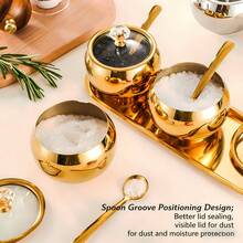 奢华金银双色不锈钢调味罐 | 含水晶旋钮盖和勺子 | 厨房调料罐套装 - 彩色 - 查看 3