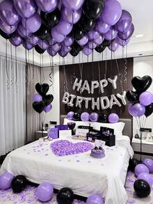 18-70pcs Women's Purple Birthday Decoration Set - Designed For Women's Birthday Celebrations, Silver "Happy Birthday" Banner, Black Heart-Shaped Foil Balloons, Soft Purple Thick Latex Balloons, Perfect For Birthday Party Decor, Anniversary, Hotel Midnight Birthday Party, Holiday Gifts, Party Supplies, Essential For Party Decoration. - Multicolor - View 3