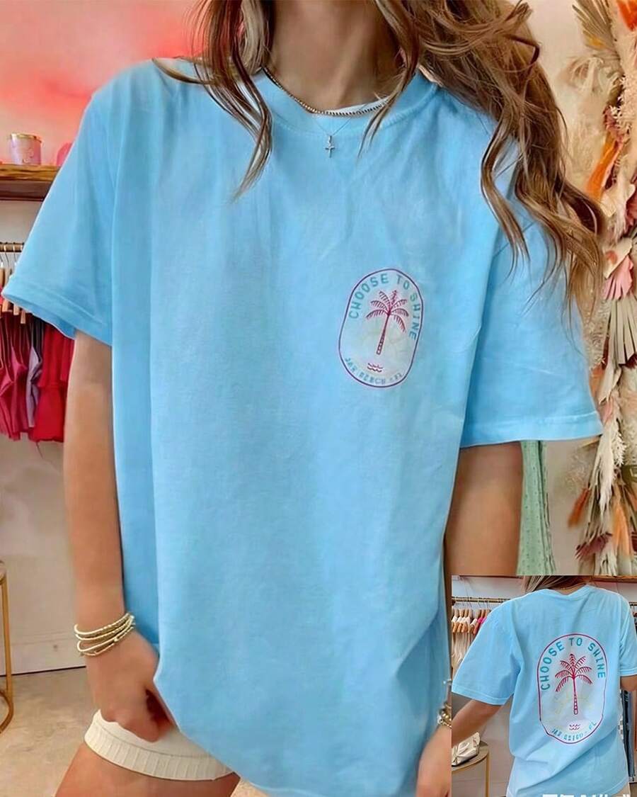 Womens Y2k Coconut Tree Graphic Oversized T Shirts Tops Coconut Tree/Letter Print Short Sleeve Round Neck Loose Fit Tee Shirt Summer Vintage Aesthetic Baggy Tees Tops Preppy Coastal Teen Girl Clothes Streetwear-White And Navy Off-The-Shoulder Cropped Unisex Top - 藍色 - 查看 1