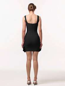 Vestido ajustado sin mangas con cuello cuadrado y adornos de strass, adecuado para fiesta de cumpleaños, cena formal y eventos de gala de boda en color negro - Negro - Ver 5