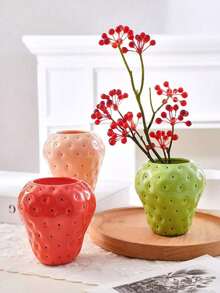 1pc Handpainted Cute Strawberry Shaped Vase, Available In 3 Colors (Rose Red, Cherry Blossom Pink, Daisy Green), Suitable For Home Decor, Garden Decor And Hydroponic Plants - A - View 3