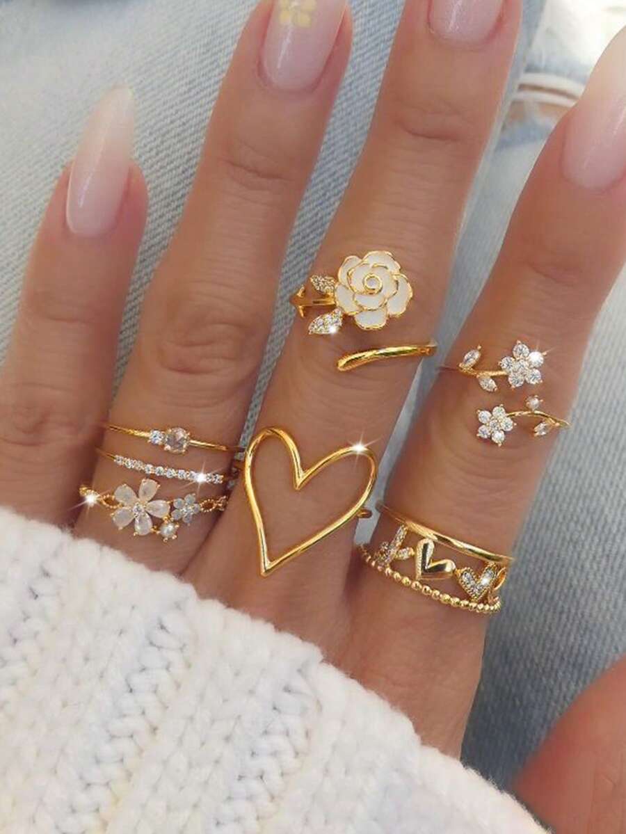 7件套优雅简约油滴花朵水晶心形金色戒指套装，适合度假、约会、派对、婚礼、节日、生日礼物，百搭日常佩戴 - 金黃色 - 查看 1
