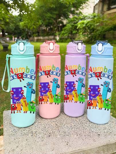 1Pc Number Blocks Themed Plastic Water Bottle, Flip-Top/Straw Type, Reusable, 750ml (25oz) Capacity, Durable, Easy To Clean, Lightweight And Portable, Saves Space. An Ideal Gift For Holiday Parties. Also Suitable For Mother's Day And Father's Day.