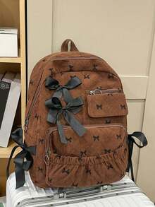 Large Capacity Corduroy Backpack With Bow Pattern, Korean Cute Style, Suitable For Women's Daily Commute And School Use - Multicolor - View 12