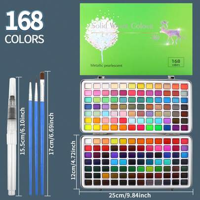 opeth 168 Color Solid Watercolor Paint Set, Portable Iron Box Watercolor Paint Set, High Color Saturation, Various Combination Options, Includes Brushes, Water Brushes, Pencils, Erasers, Sponges, 50/72/90/100/128/168 Color 6 Combination Options, Professional Artist Choice