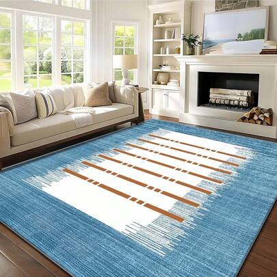 1pc Blue Background White And Brown Striped Geometric Pattern Rug. Velvet Material Weighs Approx. 850g, Thickness Approx. 0.6cm. Rug Is Wear-Resistant, Anti-Slip, And Easy To Clean. Available In Multiple Sizes. Suitable For Kitchen/Living Room/Dining Room/Bedroom/Balcony/Bathroom/Study. Perfect Choice For Home Decor.