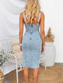 Short-Sleeve, U-Neck, Strappy, Distressed Denim Bodycon Dress (Casual Style) - Blue - View 3