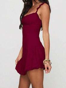 Elegant Fashion Ruffle Strap Bow Design Lace Patchwork Sleeveless Slim Fit Mini Dress Party Summer - Burgundy - View 6