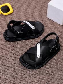 1双男女通用新款PU魔术贴平底可爱露趾凉鞋，柔软防滑儿童沙滩鞋，适合夏季穿着 - 黑色 - 查看 6