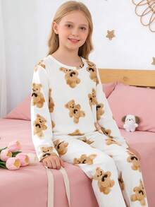 2pcs Tween Girl Pajama Set, Cute Bear Cartoon Pattern, Round Neck Long Sleeve Top And Pants, Flame Retardant Knit Fabric, Can Be Worn Outerwear, Suitable For All Seasons, Unisex For Boys And Girls - White - View 11