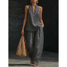 2026 Spring And Summer French Temperament Neck V-Neck Leaking Back Top, Cool Feeling Comfortable And Thin Wide-Leg Pants Set,Trajes Elegantes De Mujer,Conjunto De Dos Piezas Mujer - 灰色 - 查看 1