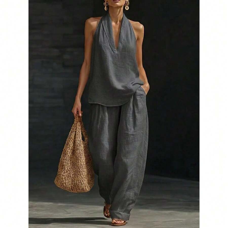2026 Spring And Summer French Temperament Neck V-Neck Leaking Back Top, Cool Feeling Comfortable And Thin Wide-Leg Pants Set,Trajes Elegantes De Mujer,Conjunto De Dos Piezas Mujer - 灰色 - 查看 1