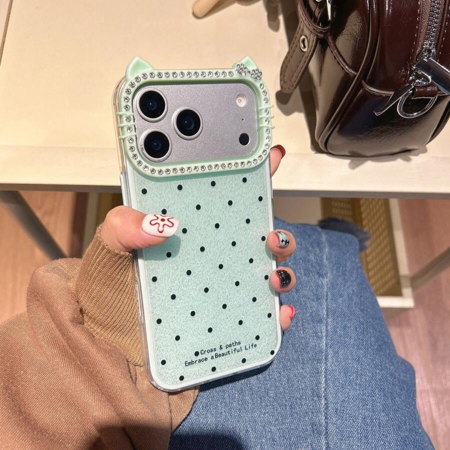 New Arrival: Cute, Glittery Cat Ear, Korean Polka Dot Smartphone Case, Popular, Shockproof, Drop-Resistant, Luxurious, Compatible With IPhone 17/17 Air/17 Pro/17 Pro Max/16/16 Plus/16 Pro/16 Pro Max/15/15 Plus/15 Pro/15 Pro Max/14/14 Plus/14 Pro/14 Pro Max/13/13 Pro/13 Pro Max/12/12 Pro/12 Pro Max/11/11 Pro Max, All Models, Stand, Full Protection, Phone Case - Green - View 1
