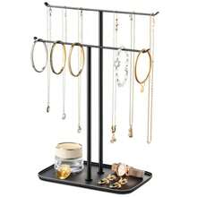 Necklace Holder Jewelry Organizer Stand 2‑Tier T‑Bar Jewelry Display Tree With Tray For Countertop Necklace Bracelet Earring Storage Vanity Dresser Bathroom Sink Black - 黑色 - 查看 1