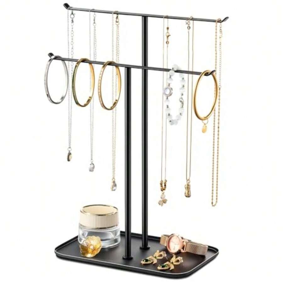 Necklace Holder Jewelry Organizer Stand 2‑Tier T‑Bar Jewelry Display Tree With Tray For Countertop Necklace Bracelet Earring Storage Vanity Dresser Bathroom Sink Black - 黑色 - 查看 1