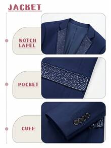 Luxury Men's Tuxedo Suit 2 Piece Set Rhinestone Lapel – Slim Fit Formal Blazer For Wedding Prom - Navy Blue - View 4