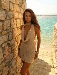 Women's New Y2K Sexy Backless Deep V-Neck Bodycon Dress, Lightweight Knit Cover Up Skirt Set, Glitter Embellished, Suitable For Music Festivals, Beach Vacations, Pool Parties, Graduations, Outings, Dates - Brown - View 4