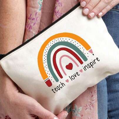 1 chiếc túi vải bố tái sử dụng có họa tiết dễ thương, hộp đựng bút, túi đựng sách giáo khoa/bài tập về nhà dung tích lớn dành cho học sinh, túi đựng tài liệu có khóa kéo, túi đựng mỹ phẩm.