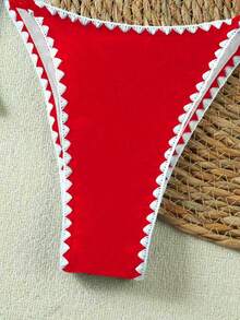Bộ bikini thời trang mùa hè mới, thanh lịch, sọc đỏ trắng, ren hở lưng, gợi cảm, thích hợp cho phụ nữ đi nghỉ mát, du lịch. - Đỏ - Xem 5