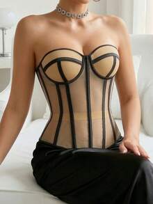 一件式透视网纱过胸紧身胸衣，性感无肩带系带缎面文胸紧身胸衣上衣，适合女性外出/万圣节派对穿着，夏季抹胸上衣 - 米色 - 查看 3