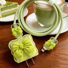 Cute Yellow Bow Decor Data Cable Protector, Compatible With 18/20W Charger Protective Case, Data Cable Protector Cord, Anti- Protector, Charger Accessory, Phone Accessory - Wave Green Five-piece Set - View 6