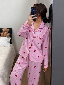 Dreamivo 女士长袖上衣和裤子两件套睡衣套装，休闲宽松家居服，翻领设计，心形条纹印花，适合居家和户外穿着，秋冬季节。 - 粉色 - 查看 3