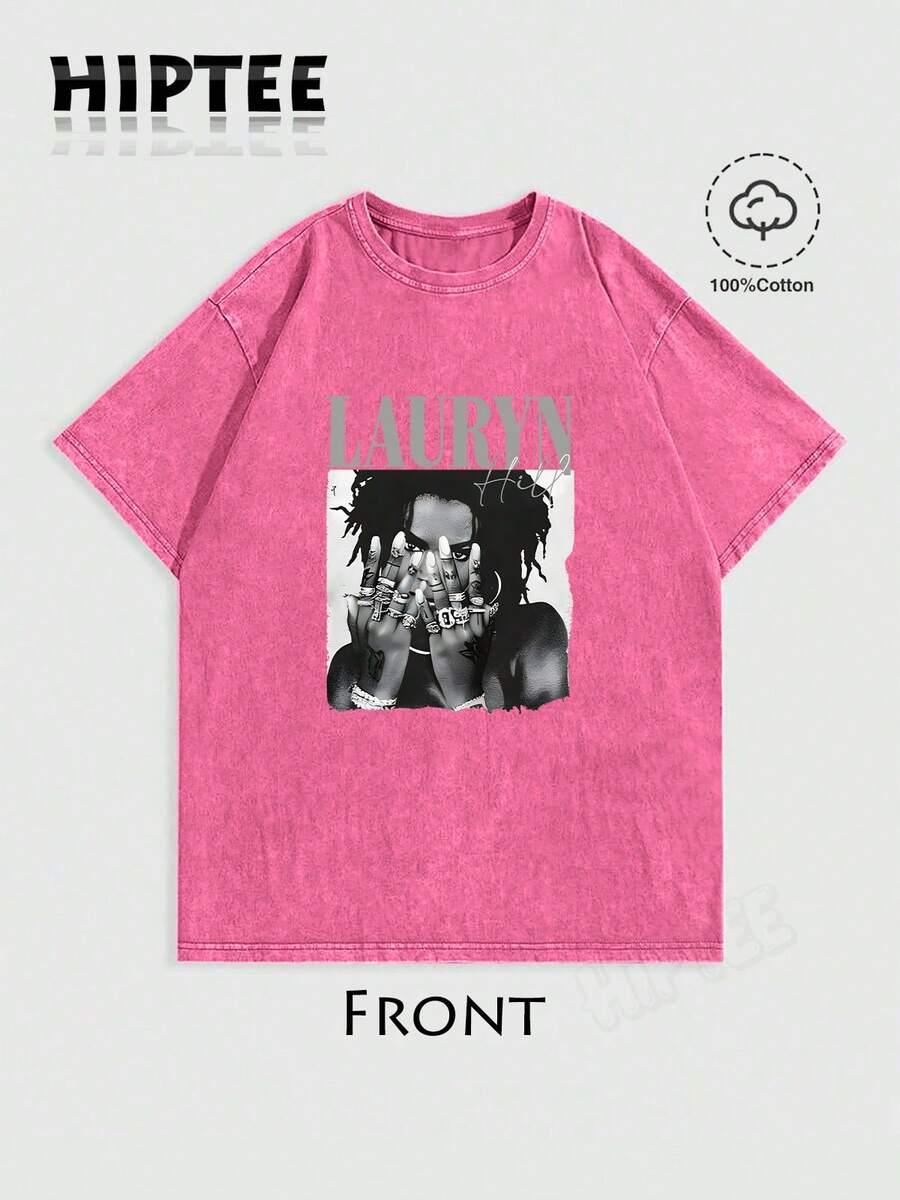 With Ring On Hand - 100% Cotton Women's T-Shirt Lauren Hill Letter Print Y2k Vintage Tee Casual Summer Plus Size Top - Niche Graffiti Prints Shirts - Washed - Pink - 查看 1