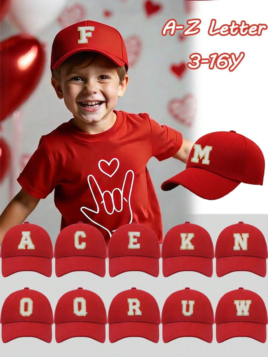 1pc Kids' Red American Campus Style Gold Trim Letter Patch Baseball Cap, Breathable Sun Protection Hat Suitable For 3-16 Years Old, School, Travel, Sports, Hip-Hop - Red - View 1