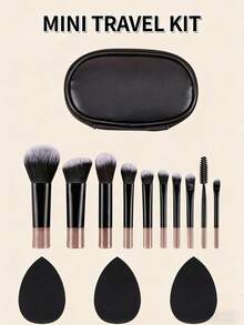 Bộ 10 cọ trang điểm mini màu hồng + 1 túi đựng mini có khóa kéo + 3 cọ trang điểm (bông tán phấn, tạo khối, má hồng, phấn mắt, highlight, kẻ lông mày), dụng cụ trang điểm du lịch tiện lợi. - màu đen - Xem 7