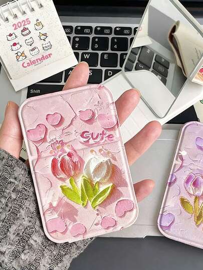 1个郁金香花折叠化妆镜，便携式手持梳妆镜，简约宿舍桌面折叠化妆镜