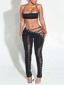 Women's Solid Color Backless Camisole Top And Lace-Up Pants Sexy 2-Piece Set, Spring/Summer, Suitable For Beach Bikini, Party, Street Fashion Black - 黑色 - 查看 1