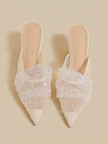 French Mesh Closed Toe Mule Sandals For Women, Pointed Toe Elegant Stiletto High Heel Slip-On Shoes For Summer - White - View 2