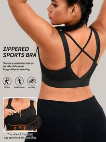 1pc Plus Size Women's Sports Bra, Adjustable Lift And Support, Front Zipper Closure, Casual Wear - Black - View 1