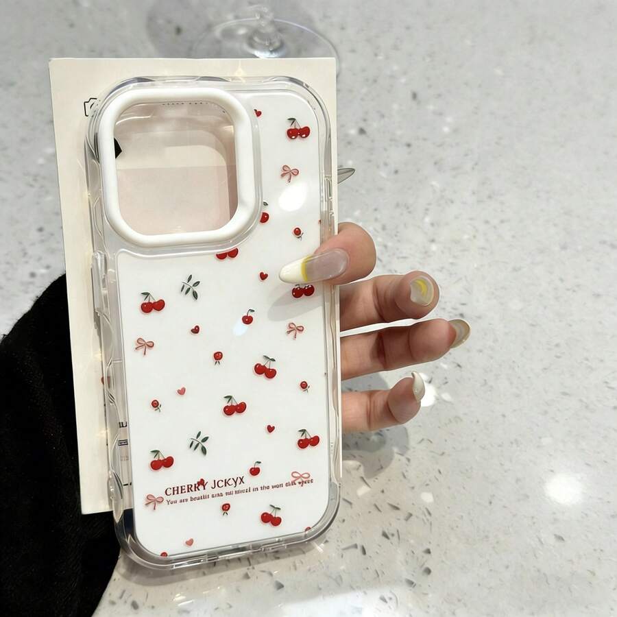 Cute Bow Ribbon Fashion Cherry Contrast Color Wavy Jelly Phone Case Suitable For IPhone 17 Pro Max, 17 Pro, 17 Air, 16 Pro Max, 14 Pro, 13, 12, 15 Plus, 11, Soft Back Cover Gift Spring - White Cherry Blossoms - View 1