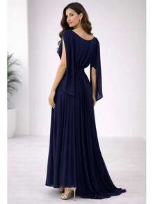 Long Pleated V-Neck Dress, Perfect For Bridesmaids, Weddings, Graduations, And Parties - 藏蓝色 - 查看 2