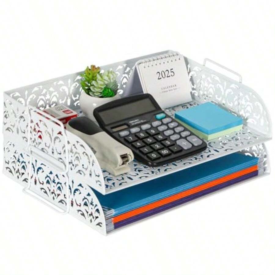EasyPAG Carved Hollow Flower Pattern 2 Tier Desk Letter TrayWhite - Blanco - Ver 1