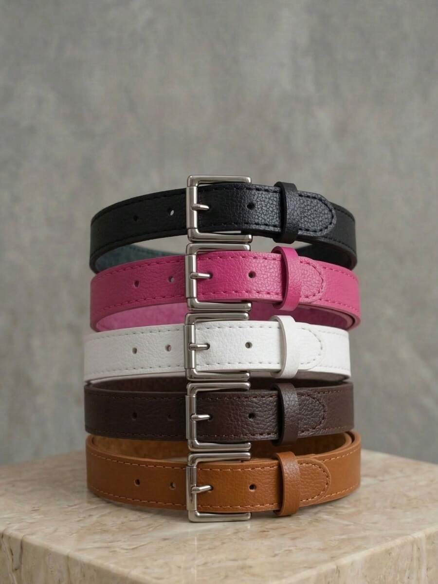 Women's Set Of Belts With Metallic Roller Buckle In Minimalist Faux Leather - 5 Piece Kit - View 1