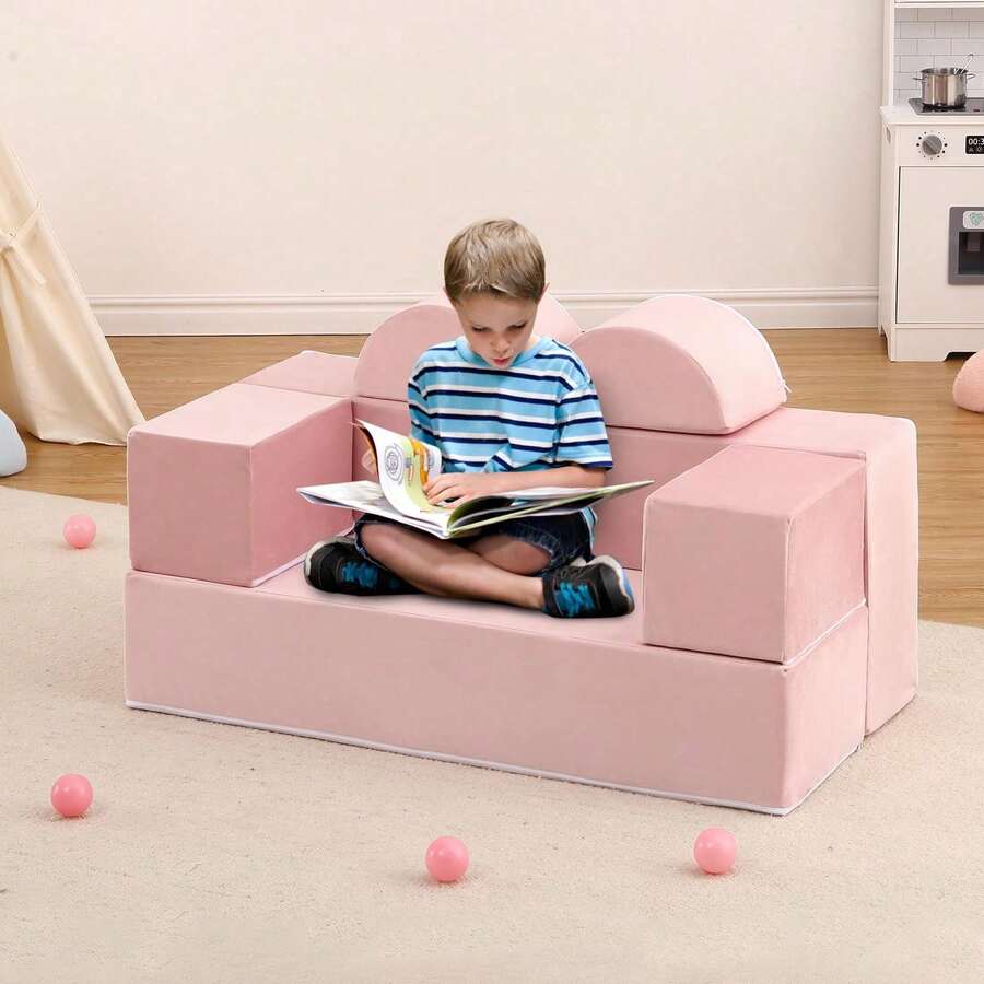 Sofá de juego infantil modular de 6 piezas, sofá de espuma para niños pequeños con funda extraíble - Rosa - Ver 1